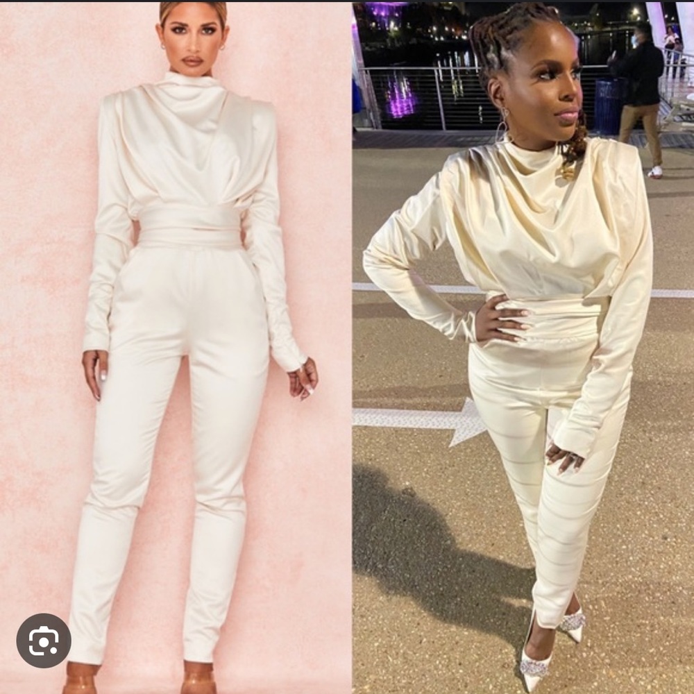 House of CB Gabrielle Ivory Draped Ruched Satin Jumpsuit - Picture 3 of 12